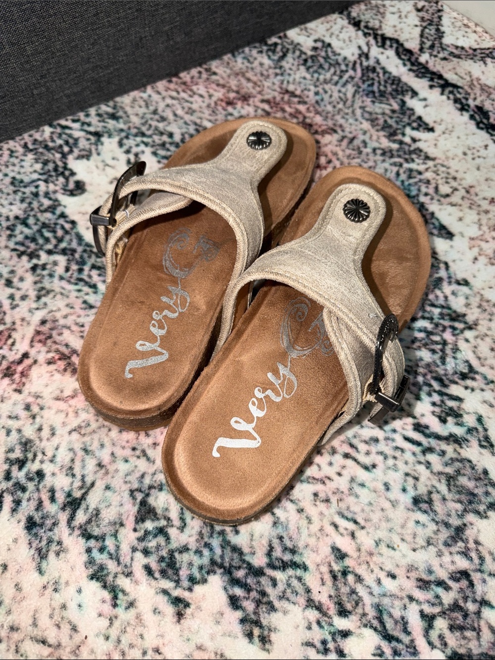 Very G Neutral Beige Suede Buckle Thong Sandals - Picture 2 of 3